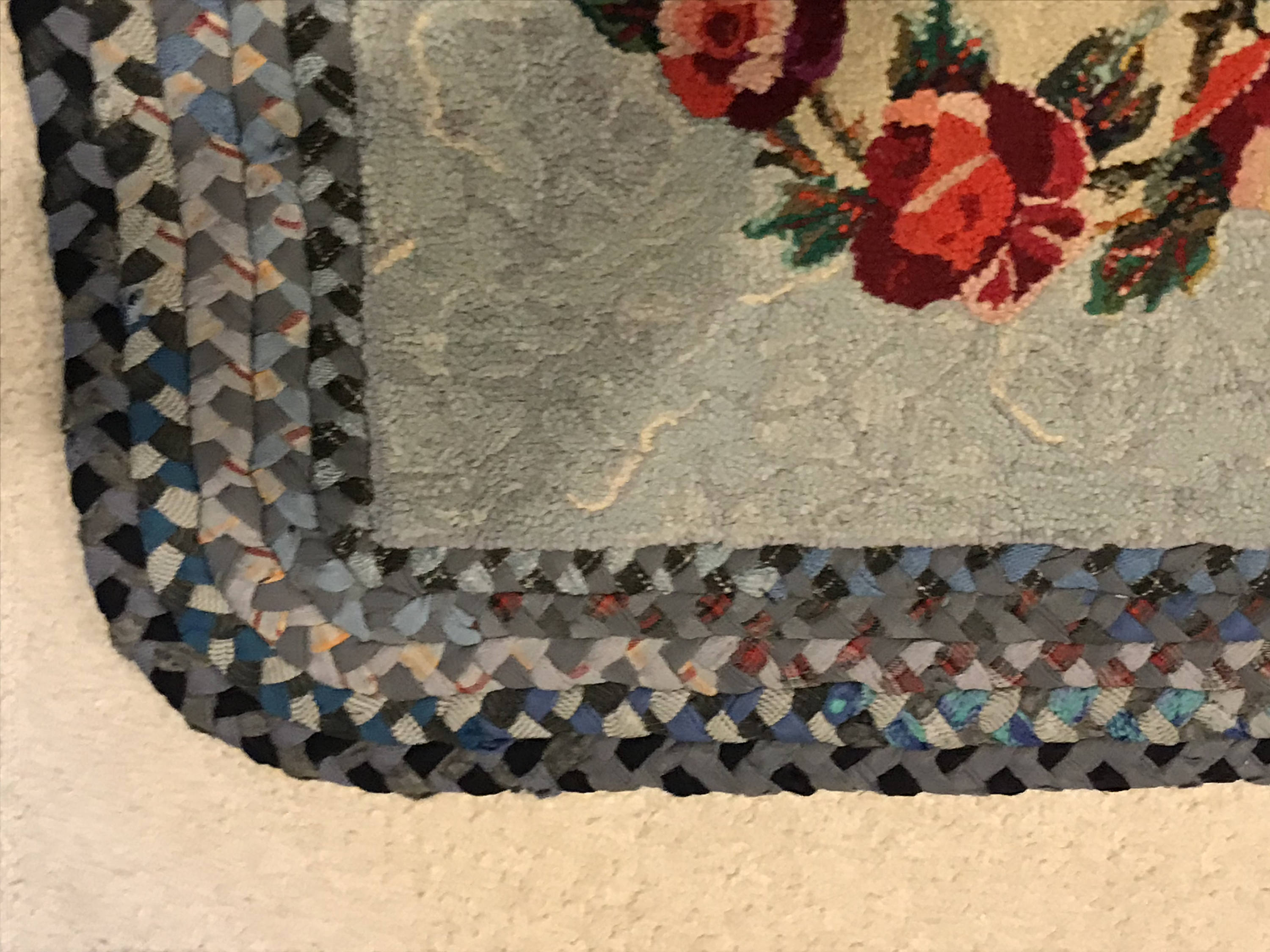 Beautiful Roses on Blue Rug American Folkart Handmade Hook and Braid ...