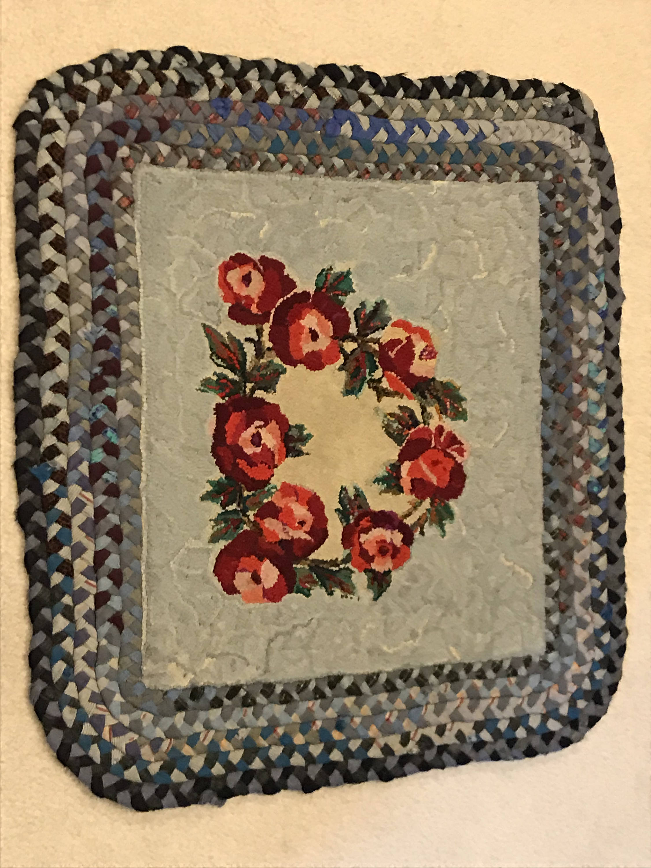 Beautiful Roses on Blue Rug American Folkart Handmade Hook and Braid ...