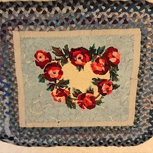 Beautiful Roses on Blue Rug American Folkart Handmade Hook and Braid ...