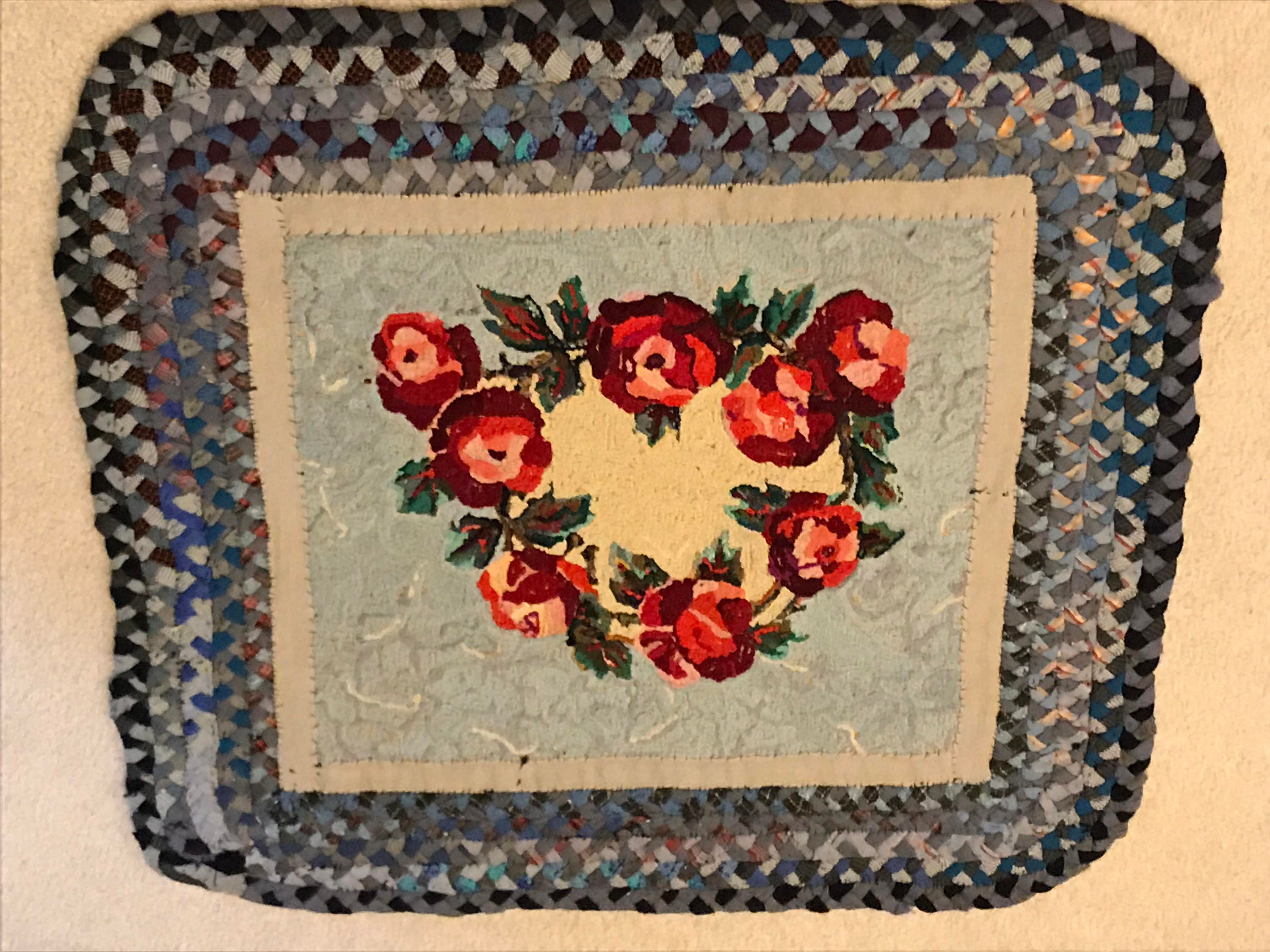 Beautiful Roses on Blue Rug American Folkart Handmade Hook and Braid ...