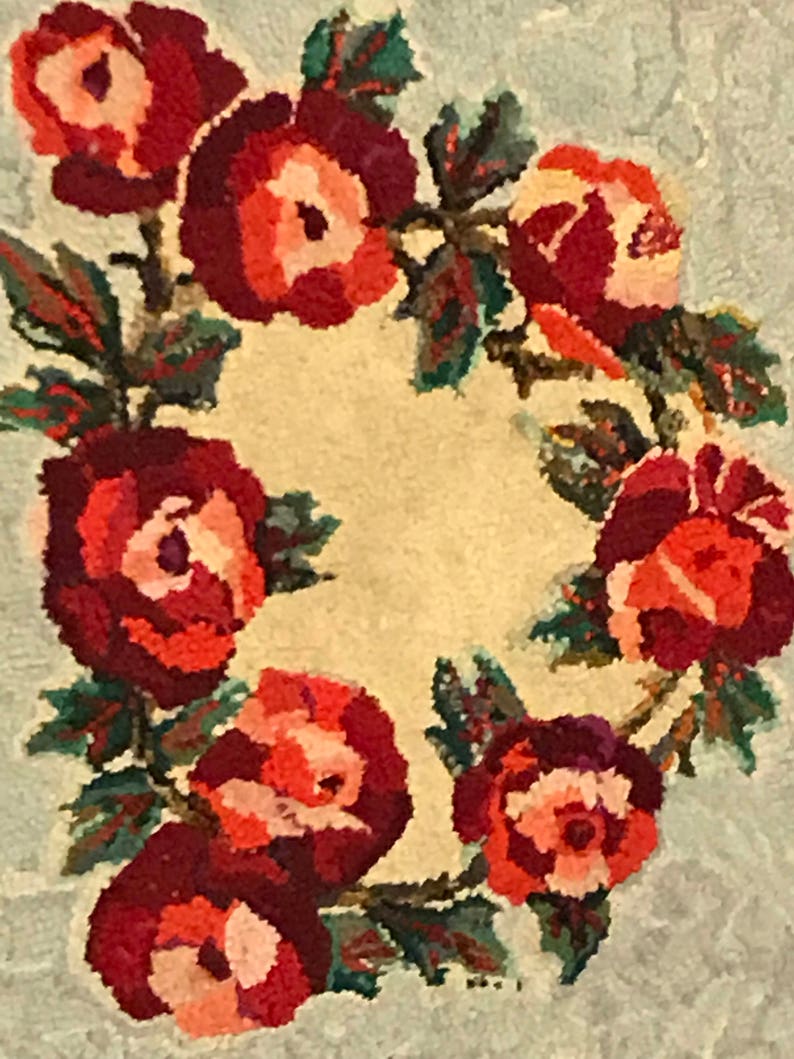 Beautiful Roses on Blue Rug American Folkart Handmade Hook and Braid ...
