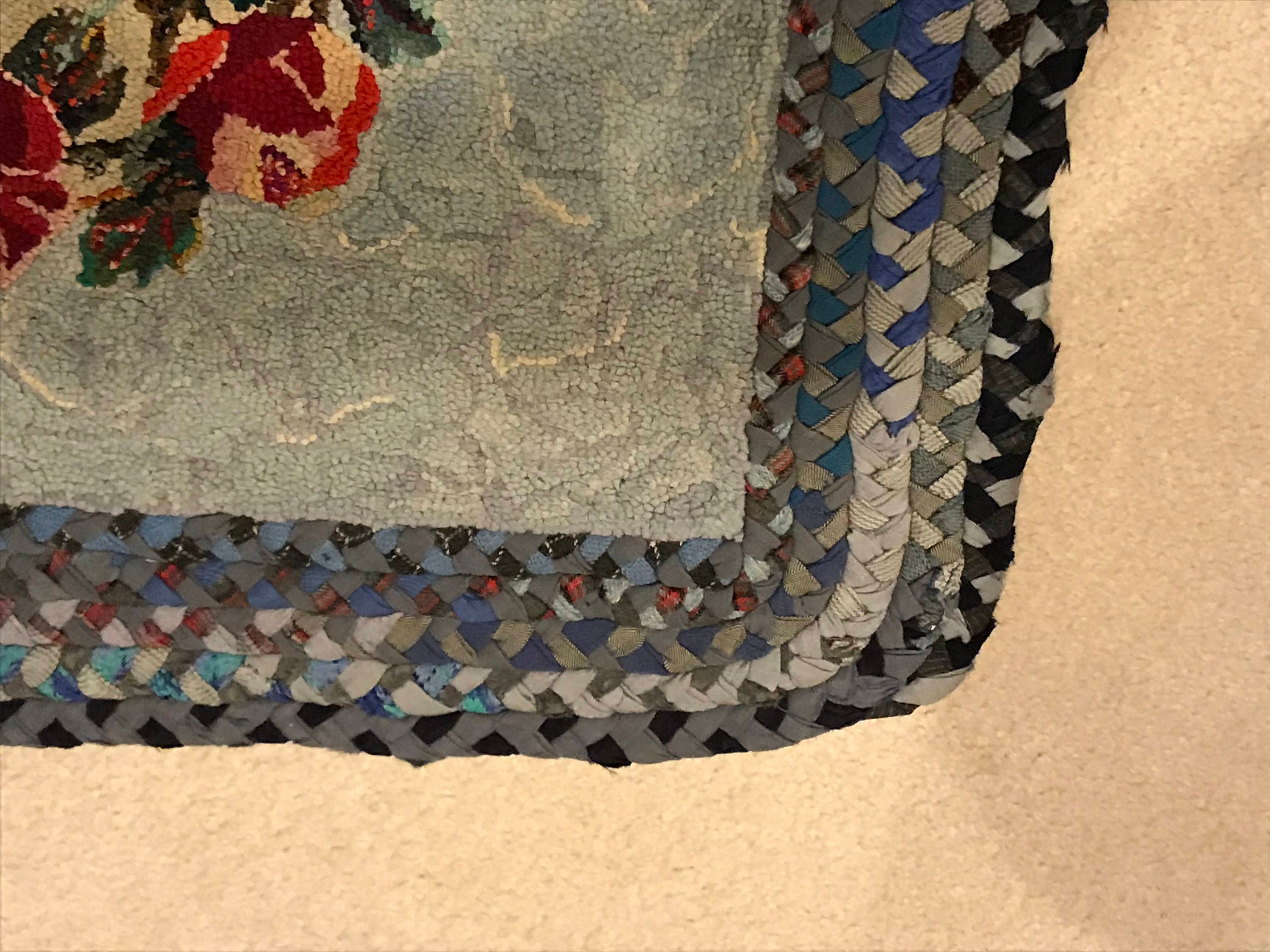 Beautiful Roses on Blue Rug American Folkart Handmade Hook and Braid ...