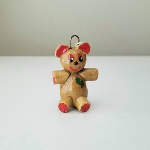 Teddy Bear Dough Christmas Ornament, Vintage and Handmade, Little Brown Bear with Red Accents