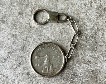 Sterling Silver Coin Keychain Casa de Moneda de Mexico, Vintage 1980 Key Ring, Mexican Collectible Fob