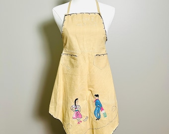 Vintage 1940s Juarez Mexico Child Apron, Hand‑Embroidered Folk Art, WWII Era Border Town Beige Textile