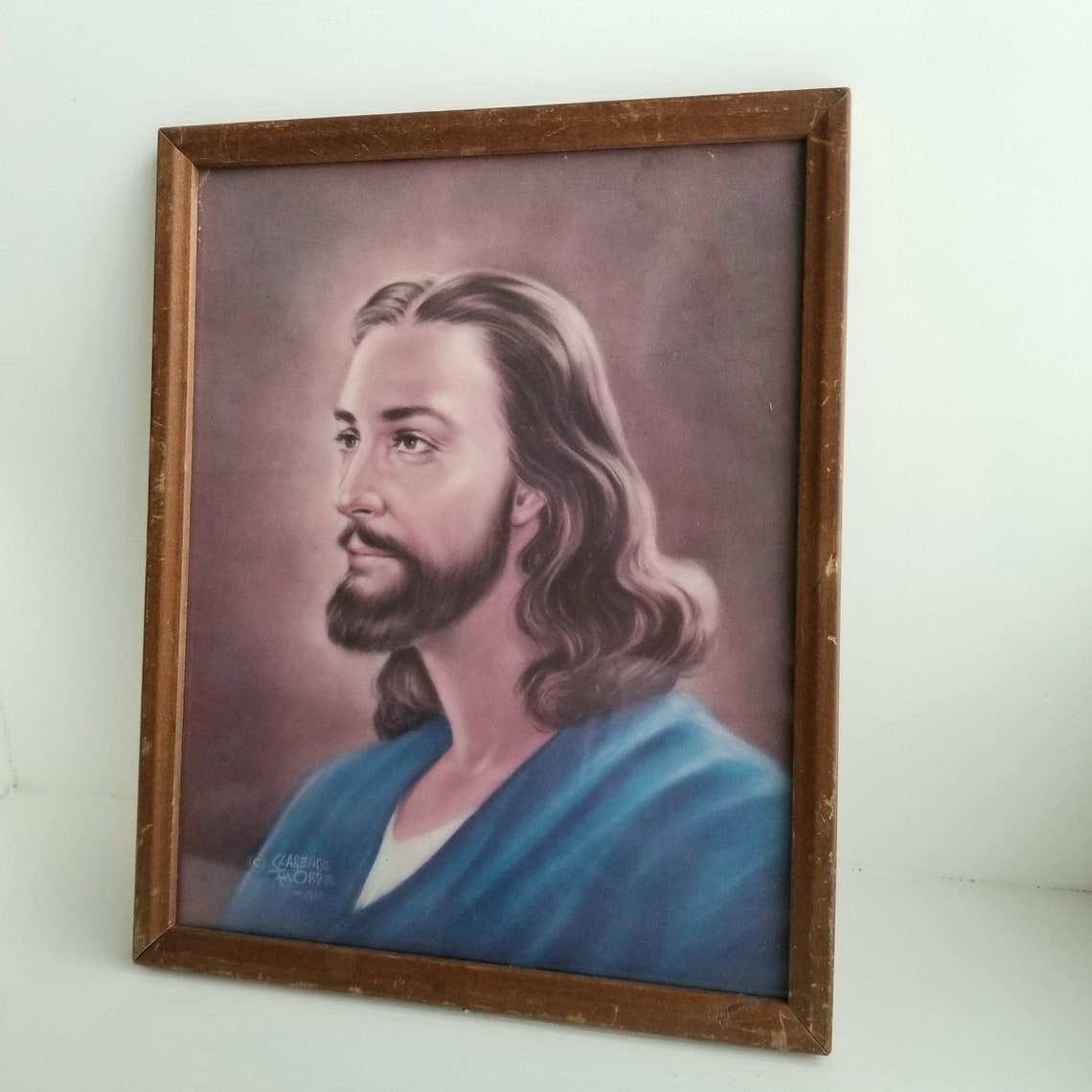 SALE Vintage Jesus Wall Art 1950s Glass Wood Frame Etsy