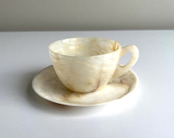 Vintage Onyx Marble Cup and Saucer Set, Cream Banded Calcite Stone, Carved Natural Stone Drinkware