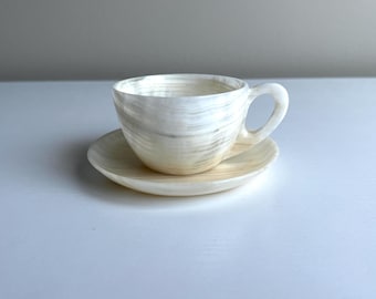 Vintage Minimalist Cream Stone Cup and Saucer, Translucent Carved Calcite, Natural Decor, Onyx Marble
