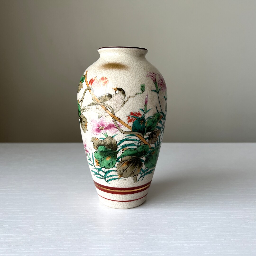 Kutani Satsuma Vase Vintage Crackle Glaze Flowers and Etsy
