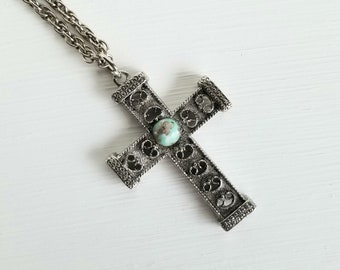 Cross Necklace, Vintage, Silver Tone Statement Pendant, Faux Turquoise, Christian, Spiritual Jewelry