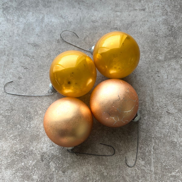 Vintage Lot of 4 Gold Christmas Ornaments, Golden Yellow Holiday Decor, Shiny Brite Round Orbs Balls, Made in USA