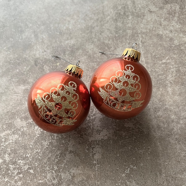 Vintage Burnt Orange Glass Noel Ornaments with Gold Glitter Set of 2, West Germany, Krebs, Christmas Tree Holiday Decoration