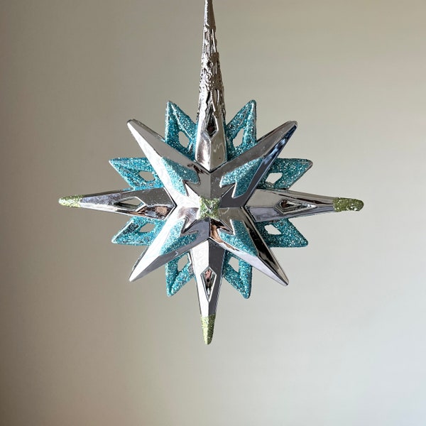 Silver and Blue Star Ornament 1980's Vintage Christmas, Glittery Layered Plastic Holiday Decoration, Made in Taiwan