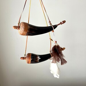 Vintage Powder Horns with Feather Clip, Set of 2, Handcrafted Reenactment Prop, Rustic Cabin Decor, Black and Brown, Suede Straps