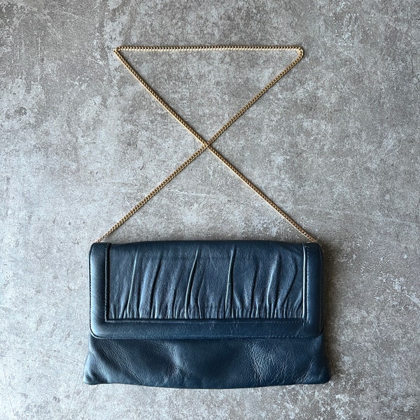 Vintage Navy Blue Envelope Clutch, Ande Evening Bag with Gold Tone Shoulder Chain, Formal Slim Purse, Alternative Wedding Accessory