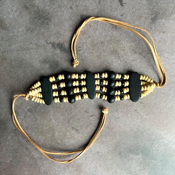 Vintage Wood Bead Choker Necklace, Can Be Worn as a Bracelet / Anklet, Black & Natural Wooden Statement Jewelry, Leather Tie, Boho, Neutral Vintage Wood Bead Choker Necklace, Can Be Worn as a Bracelet / Anklet, Black & Natural Wooden Statement Jewelry, Leather Tie, Boho, Neutral