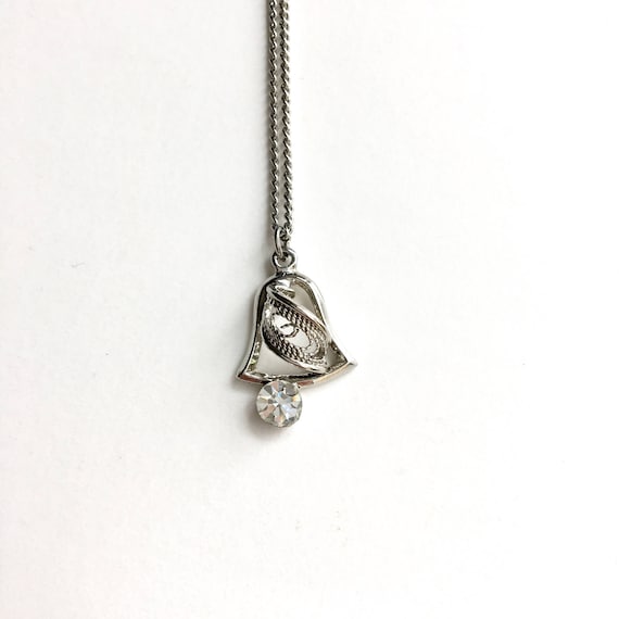 Vintage Silver Bell Necklace Filigree and Rhinestone Pendant