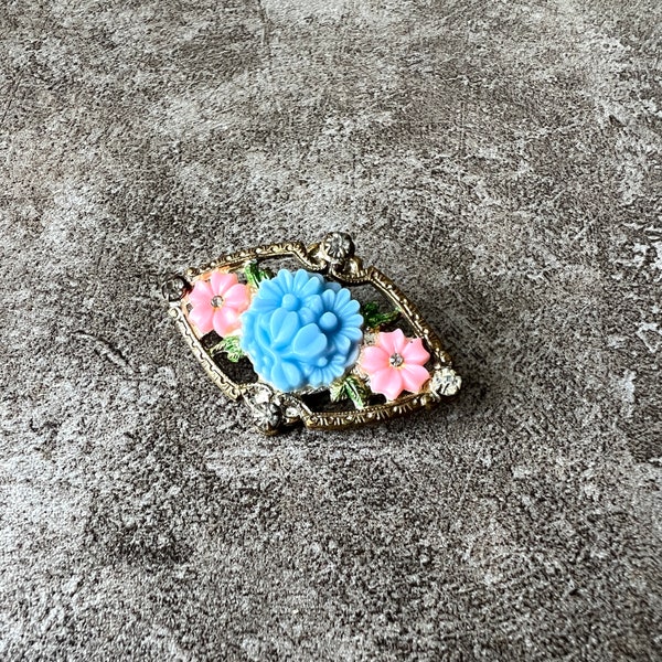 Small Vintage Floral Brooch, 1930's Pink and Blue Plastic Flowers, Base Metal, Silver Wash, Petite Lapel Pin