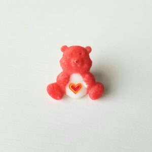 Vintage Flocked Bear Pin, 1980s Cute and Fuzzy Brooch, Red and Orange Heart