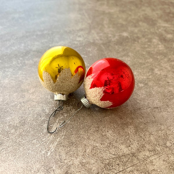 Vintage Shiny Brite Ornaments Set of 2, Small Glass Red and Gold Christmas Holiday Decorations, Glitter Mica, Made in the USA