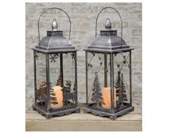 Antiqued Metal Christmas Lantern with Timer Votive Candle