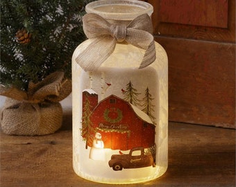 Merry Christmas Frosted Glass Luminary with Vintage Truck and LED String Lights