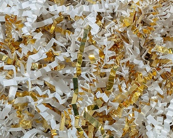 Gold & White Crinkle Cut Paper Shred Packaging Materials, Shredded Paper Filler Material Supplies Gift Box Basket Wedding Shower Table Decor