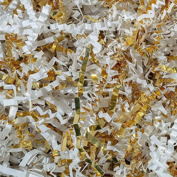 Gold & White Crinkle Cut Paper Shred Packaging Materials, Shredded Paper Filler Material Supplies Gift Box Basket Wedding Shower Table Decor