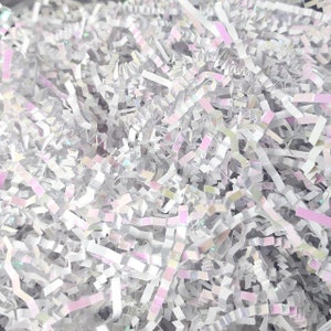 Sparkly Iridescent / White Blend Crinkle Cut Paper Shred - Gift Box Packaging - Basket Filler - Displays - Mailer Boxes -Choose Your Amount!