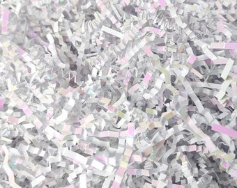 Sparkly Iridescent / White Blend Crinkle Cut Paper Shred - Gift Box Packaging - Basket Filler - Displays - Mailer Boxes -Choose Your Amount!