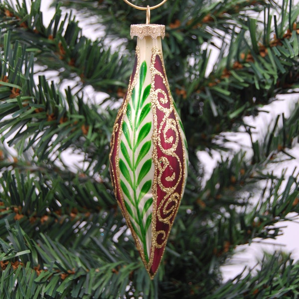 Old Fashioned Floral Leaf 4" Glass Chablis Christmas Ornament