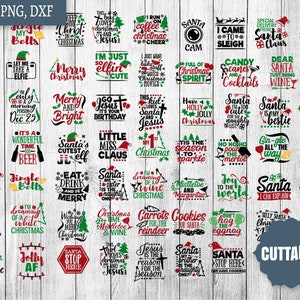 May include: A collection of 40 Christmas-themed SVG cut files featuring various designs and phrases. The designs are in red, green, and white with a woodgrain background. The text includes phrases like "Santa's Cutest Elf", "Jingle Bells", "I'm Dreaming of a White Christmas", and "Santa Stop Here".