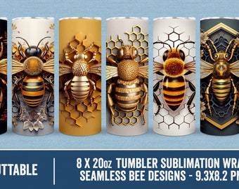 8 3D Bee Tumbler Sublimation Wraps, 3D Bee Metallic Floral Sublimation Tumbler Wraps, Seamless 3d Bumblebee Tumbler, Bee wraps for Tumblers