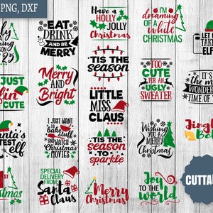 May include: A collection of 20 Christmas-themed SVG cut files featuring various festive sayings and designs. The designs include phrases like "Eat, Drink and Be Merry", "'Tis the Season", "Jingle Bells", and "Merry Christmas".