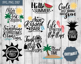 May include: A set of 10 summer-themed SVG cut files. The designs include phrases like "Hello Summer!" and "Sweet Summer Time" with images of palm trees, flip flops, and a watermelon.