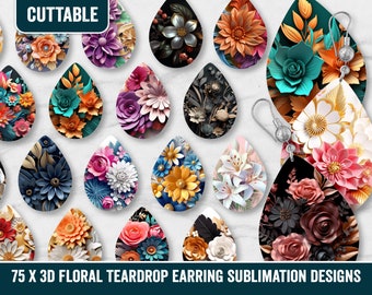 75 x 3D Floral Earring Sublimation Bundle, Earring 3D Flower Sublimation Teardrop Designs, Earrings Sublimation Bundle, 3D digital download