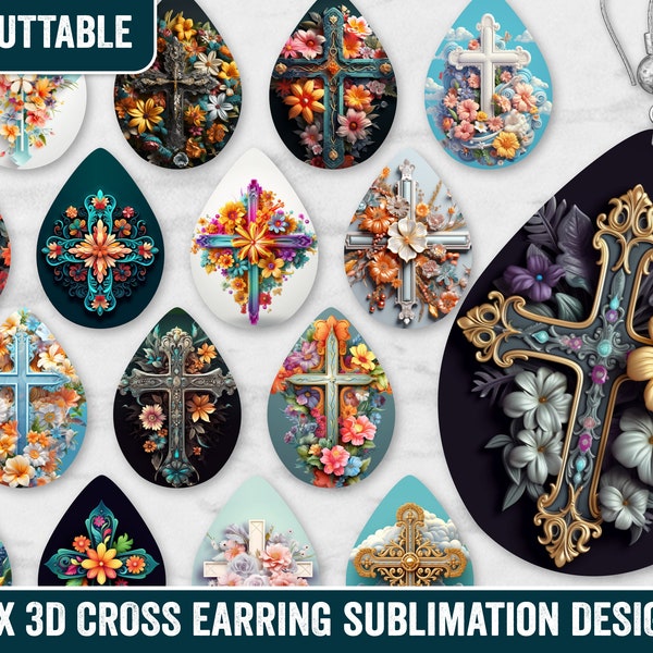 3D Cross Earring Sublimations, 3D Crucifix Floral Earring Sublimation Bundle, Earring Floral Christian Cross Sublimation Teardrop Designs