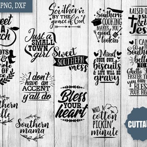 May include: A collection of 15 black and white cuttable SVG designs with Southern sayings, including "Sweet as a Peach", "Southern Belle", "Southern Mama", "Just a Small Town Girl", "Sweet Southern Mess", "Mind Your Own Biscuits & Life Will Be Gravy", "Southern Cooking Makes You Good Lookin', "Raised on Sweet Tea & Jesus", "I Can Go From Southern Belle To Ghetto Thug Faster Than You Can Say Bless Your Heart", "I Don't Have An Accent Y'all Do", "Bless Your Heart", "Wait a Cotton Pickin' Minute", and "Southern by the Grace of God".