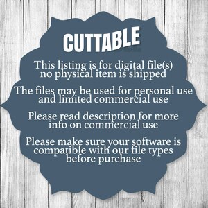 Puede incluir: Un c&iacute;rculo azul con texto blanco que dice "CUTTABLE" e incluye informaci&oacute;n sobre archivos digitales. El texto dice: "Esta lista es para archivos digitales, no se env&iacute;a ning&uacute;n art&iacute;culo f&iacute;sico. Los archivos se pueden usar para uso personal y uso comercial limitado. Lea la descripci&oacute;n para obtener m&aacute;s informaci&oacute;n sobre el uso comercial. Aseg&uacute;rese de que su software sea compatible con nuestros tipos de archivos antes de comprar."
