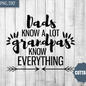 May include: Black and white graphic text on a wood background. The text reads "Dads know a lot, Grandpas know everything".