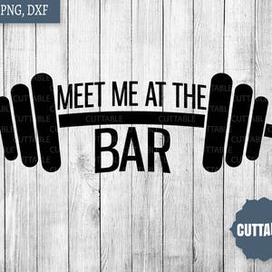 May include: Black and white graphic design of a barbell with the text "Meet me at the bar" on a wood background.