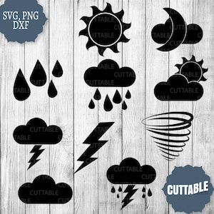 Tiempo SVG archivos, Clour svg cut outs, dxf weather files, weather svg bundle, sun svg, archivos de corte del tiempo para cricut, silueta