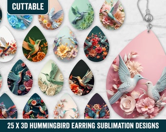 25 x 3D Hummingbird Earring Sublimation Bundle, Earring 3D Hummingbird and Floral Sublimation Teardrop Designs, 3D Earrings digital download