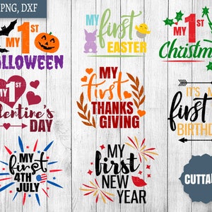 Baby's Firsts SVG Bundle, Mis primeros archivos de corte de vacaciones, 8 primeros SVGs, 1a navidad, cumpleaños, 1a Pascua, 1er paquete cut archivo, comercial nosotros