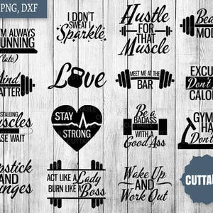 Gym SVG Bundle, fitness svg pack cut files, 15 fitness girl workout quotes cut files, cricut, silhouette, commercial use, fitness svg image 1