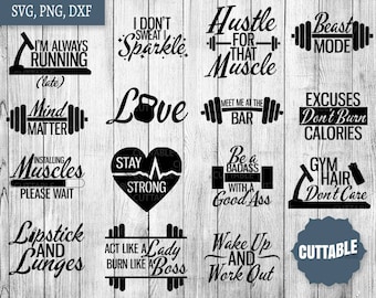 Gym SVG-paket, fitness svg-paket klippfiler, 15 fitnesstjej träningscitat klippfiler, Cricut, silhuett, kommersiellt bruk, fitness svg