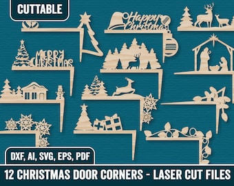 May include: Twelve laser cut Christmas door corner designs. The designs include a snowman, a Christmas tree, a nativity scene, a deer, a reindeer, a Christmas stocking, a wreath, and a string of lights. The designs are cut from wood and are ready to be assembled.