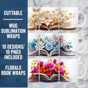 Buch Blumen Becher Sublimation Wraps, 3D Bookish Becher Wrap Bundle, 3D Florals Sublimation Wrap Set, Buch Liebe Becher Sublimation Digital Wraps