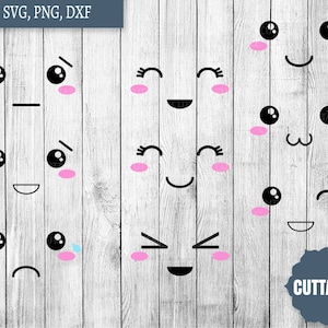 Kawaii faces svg cuttable file, dxf cartoon cute face svg cut files, dxf cute kawaii faces vector files, faces svg files cricut - silhouette