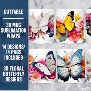 3D Blumen Schmetterling Becher Wrap Set, weißer Hintergrund, 3D Floral Sublimation Wraps, 3D Schmetterling Becher Wrap für Sublimation, Schmetterling Becher PNGs
